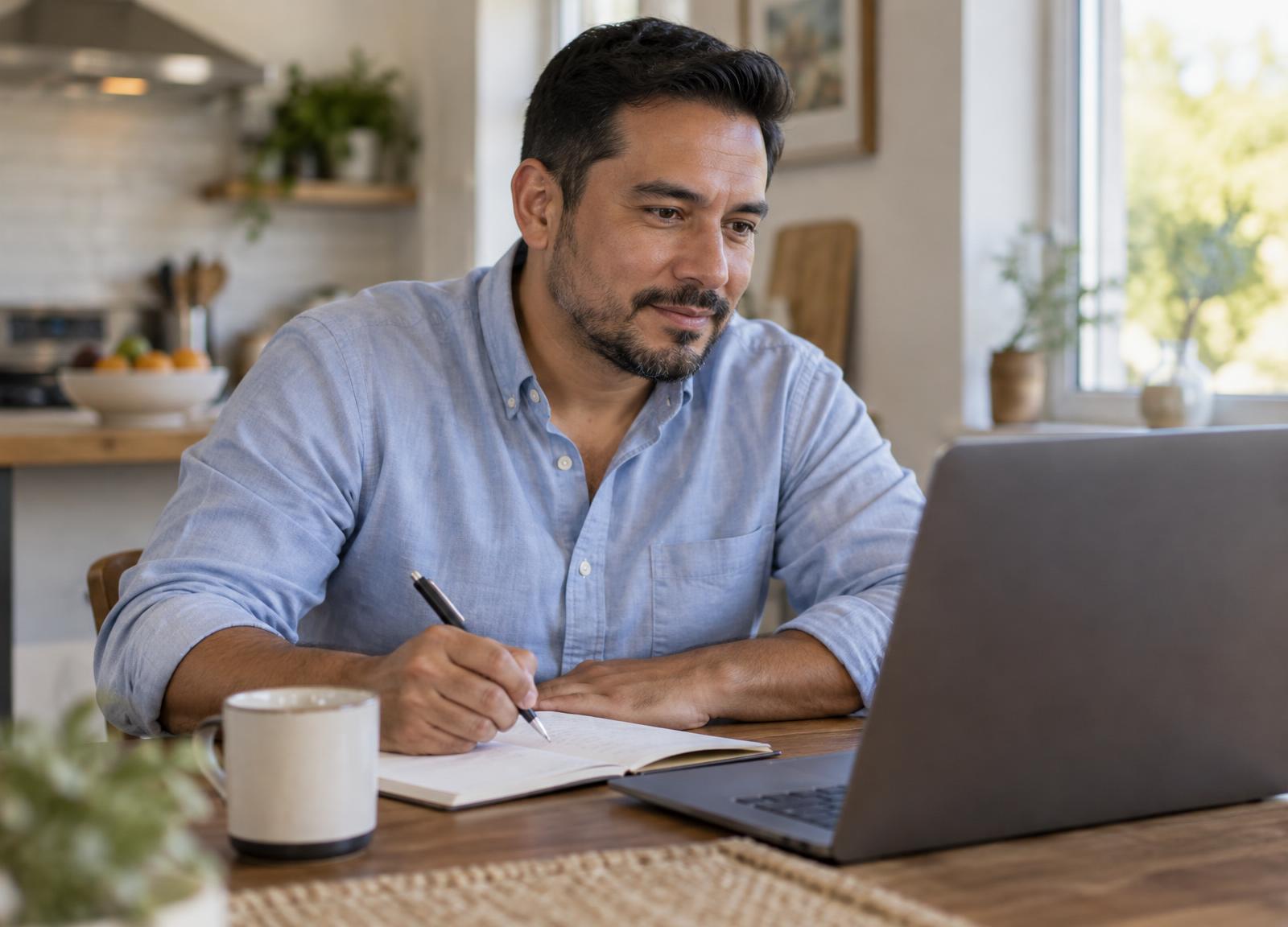 Man taking notes during an online training session at home