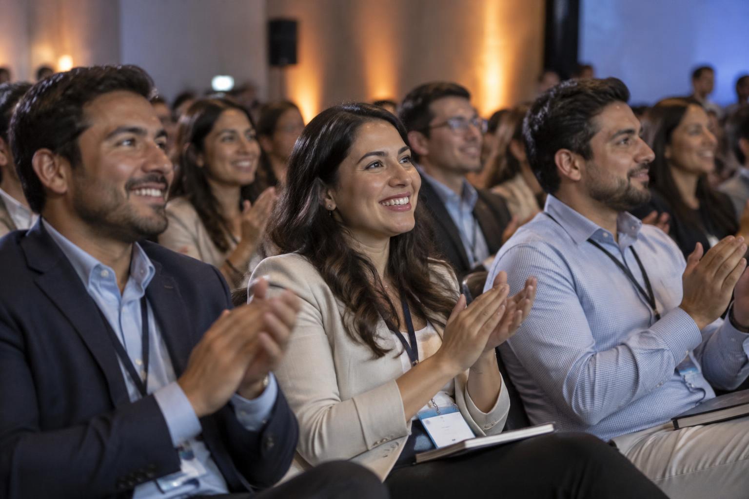 Hispanic professionals applauding at a training event