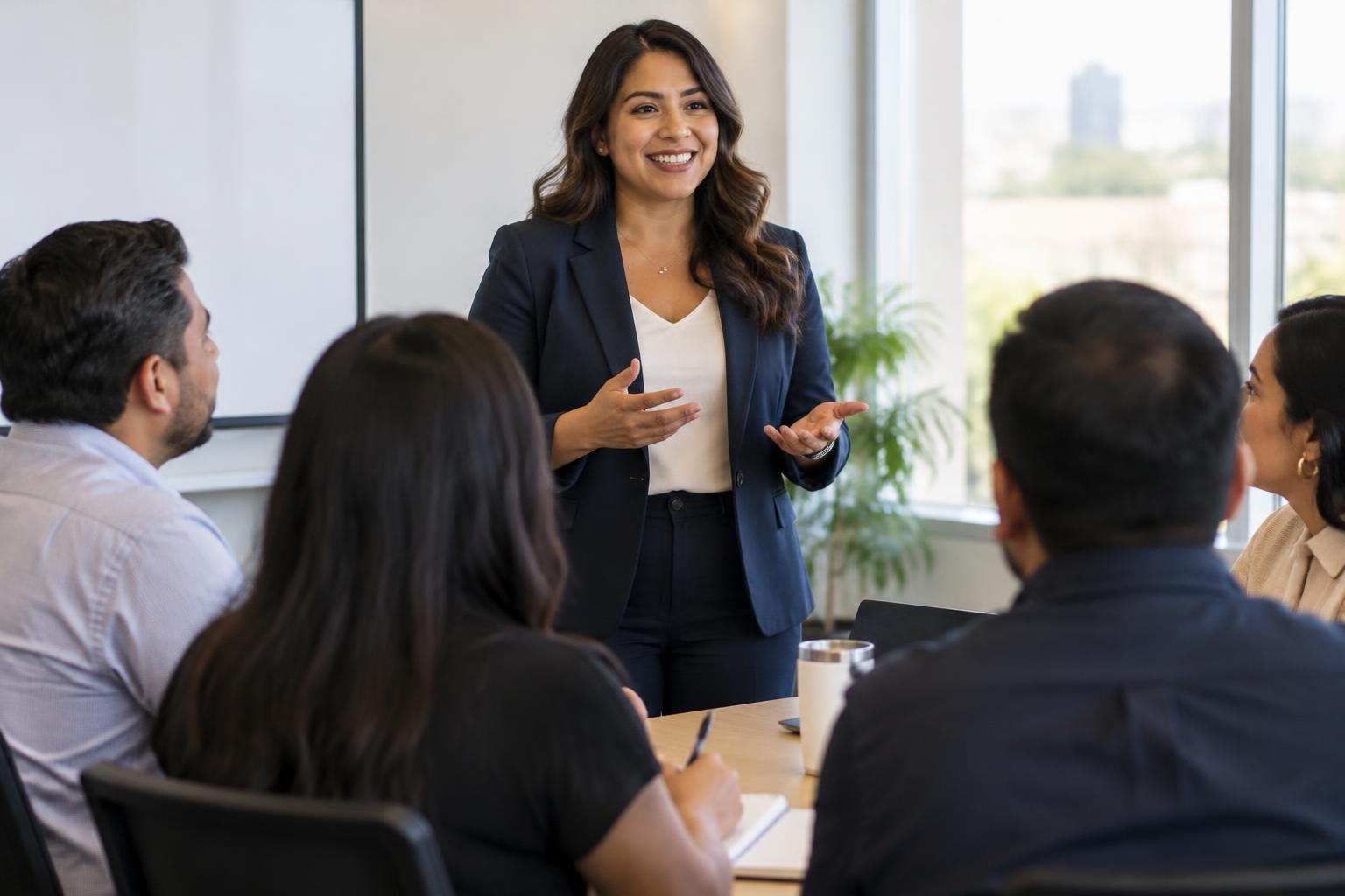 Latina professional leading a training session with a small group